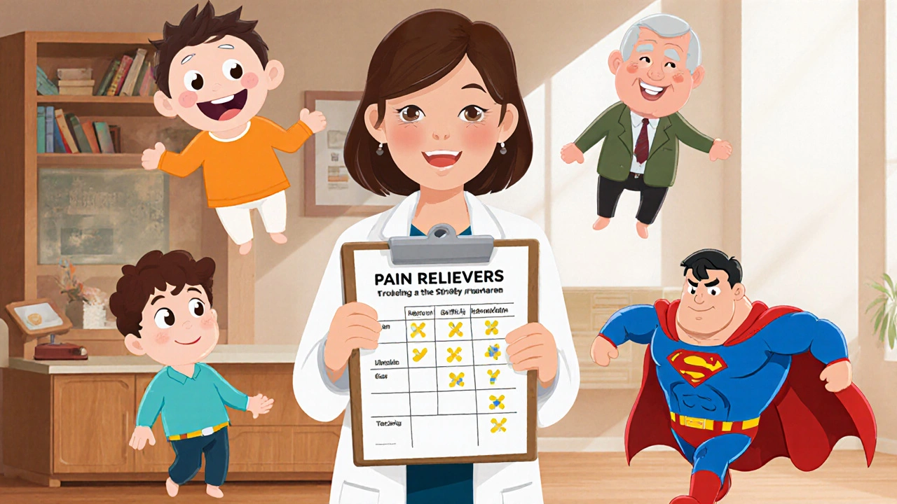 A doctor surrounded by cartoon versions of painkillers with distinct personalities in a clinic setting.