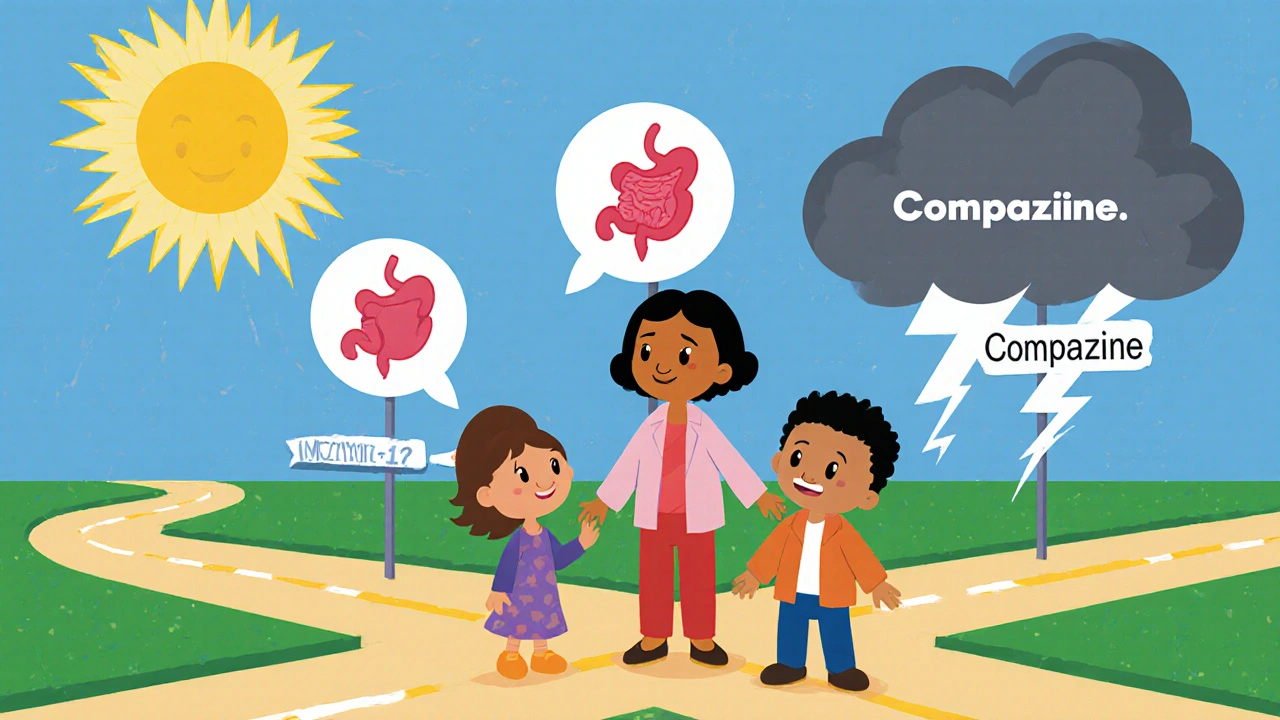 A family at a medical crossroads choosing between nausea treatments in colorful Disney-style illustration.