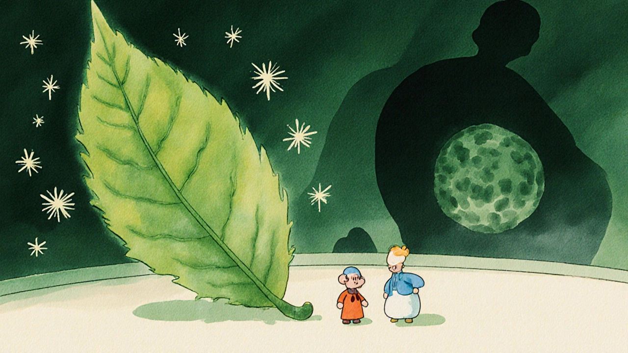 A green tea leaf blocking a drug molecule from entering a cell, with a growing tumor in the background.