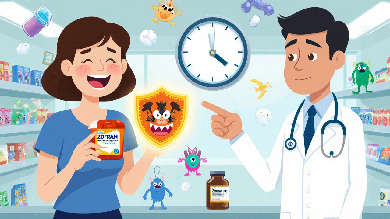 A patient holding Zofran with a glowing shield blocking nausea monsters in a bright pharmacy.