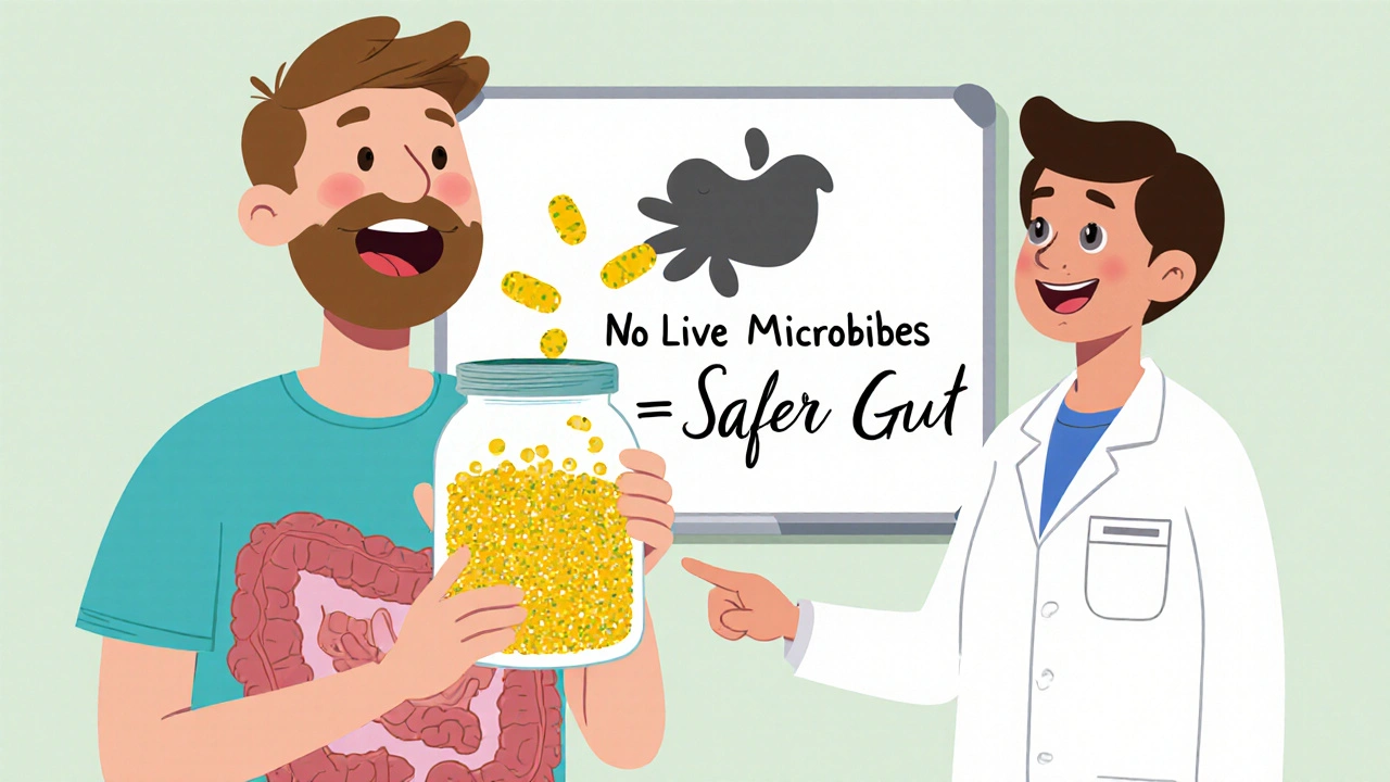 A patient safely taking postbiotics as glowing golden particles benefit the gut, while harmful bacteria retreat, Disney style.