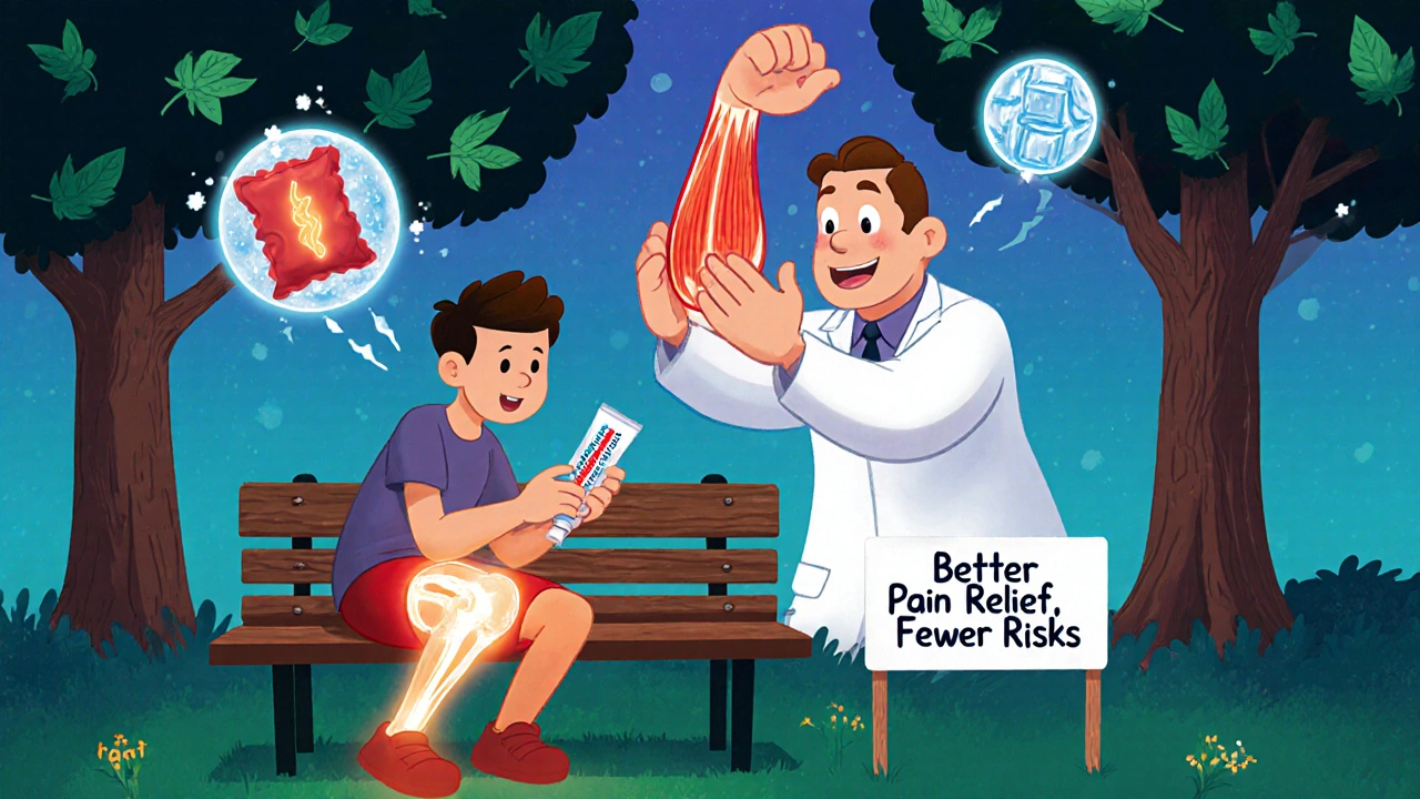 A person applying topical gel to their knee while a therapist stretches a cartoon muscle in a park.