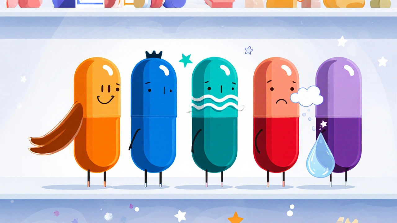 Animated pill characters for five alpha‑blockers lined up on a bright pharmacy shelf.