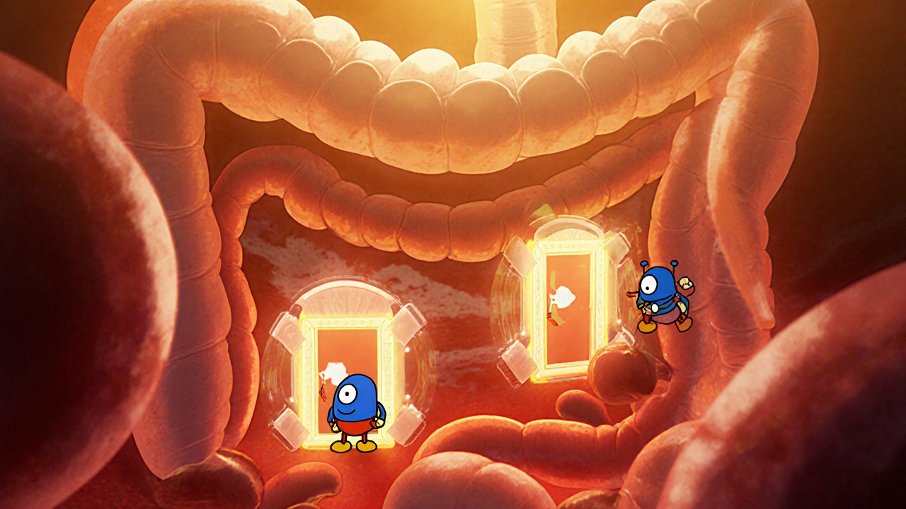 Animated stomach cells with hero-like Protonix molecules blocking pumps.