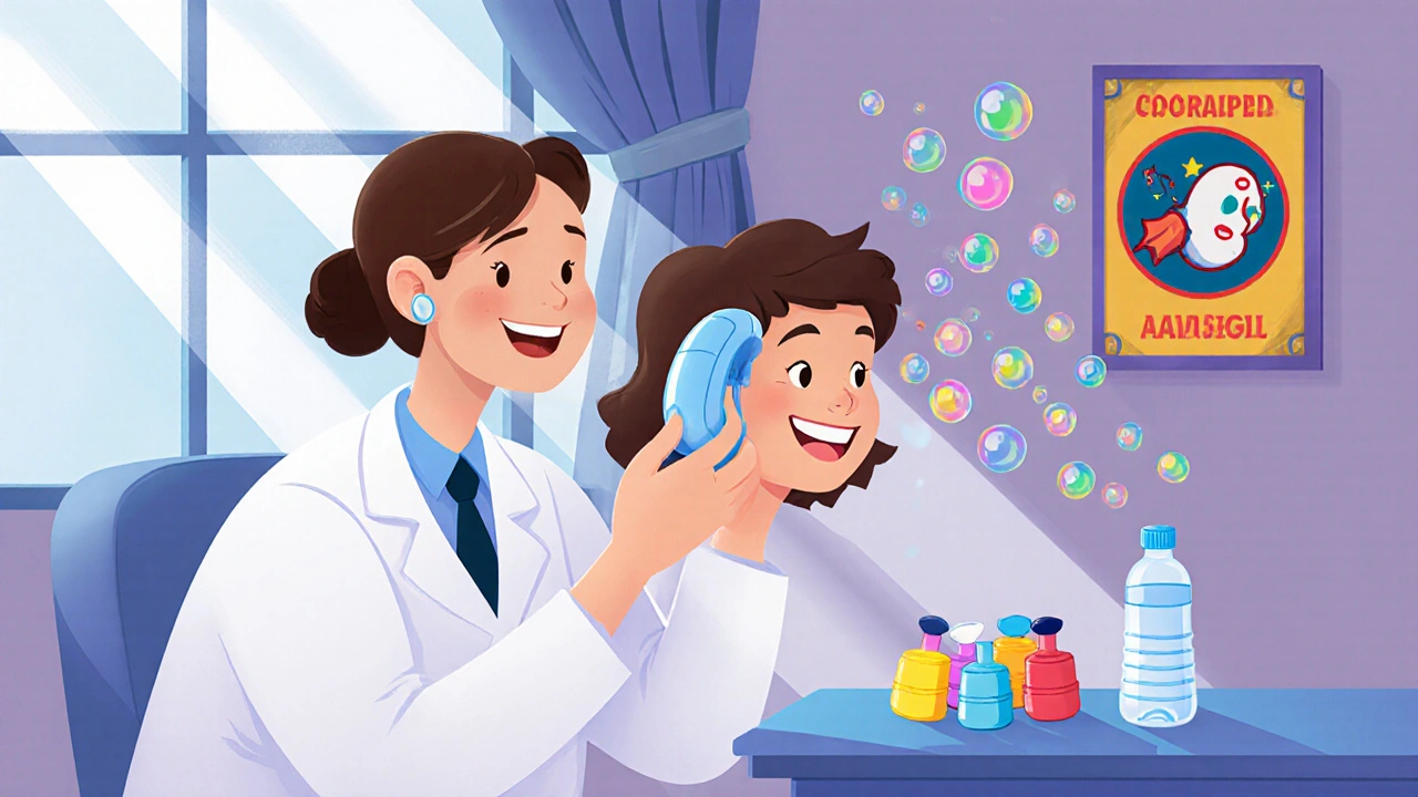 Audiologist fitting a hearing aid, sound bubbles and earplug poster promoting prevention.