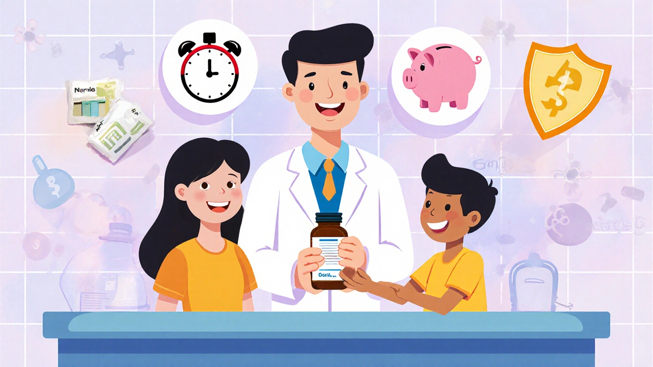 Cartoon pharmacist giving medication to a family with visual cues for dosing, cost, and safety.