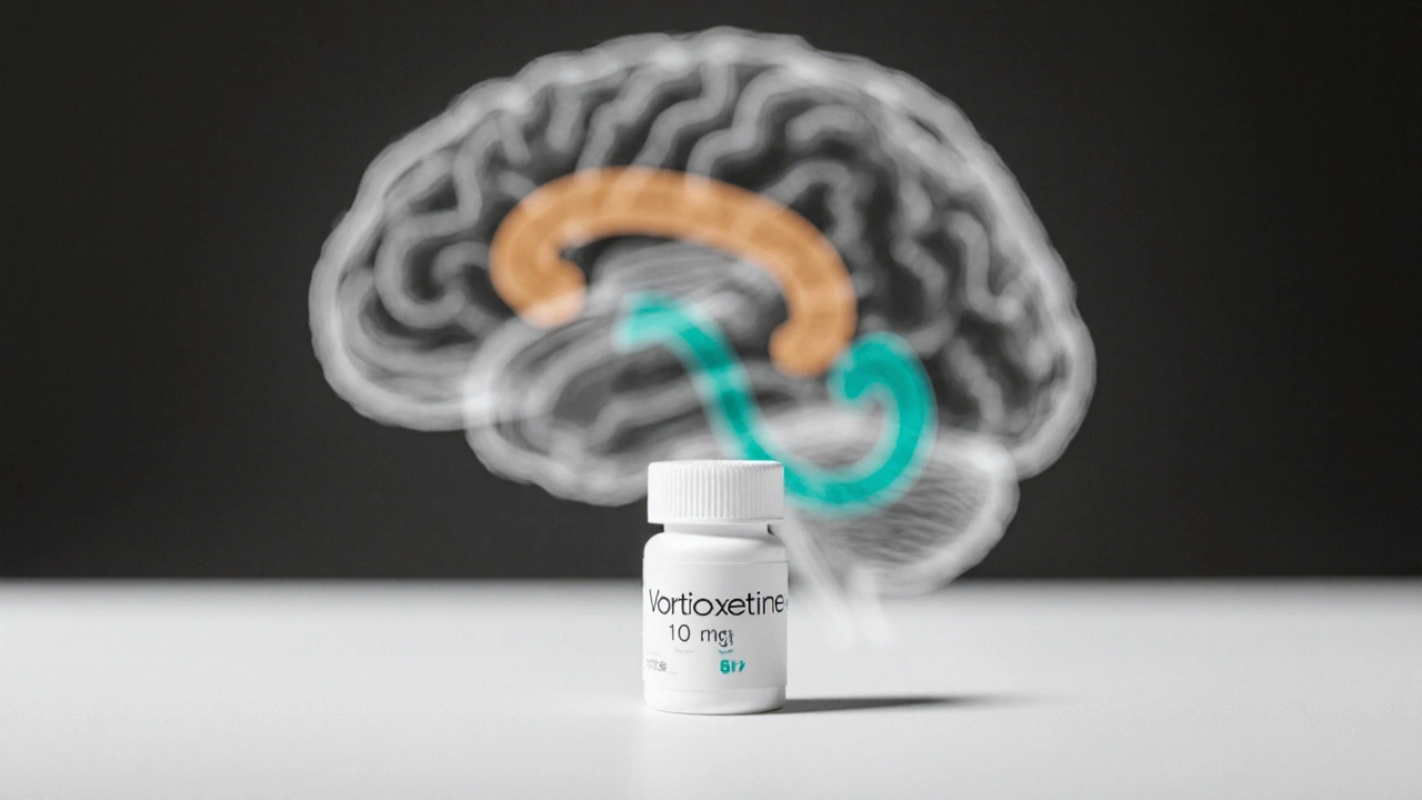 Close‑up of vortioxetine pill bottle beside a brain diagram highlighting serotonin pathways.