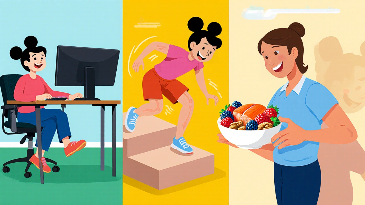 Collage of ergonomic desk work, heel‑drop exercise, healthy foods, and physiotherapy.