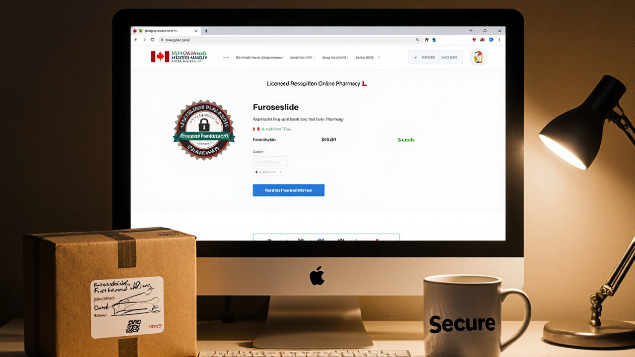 Computer screen showing a licensed Canadian pharmacy site and prescription upload.