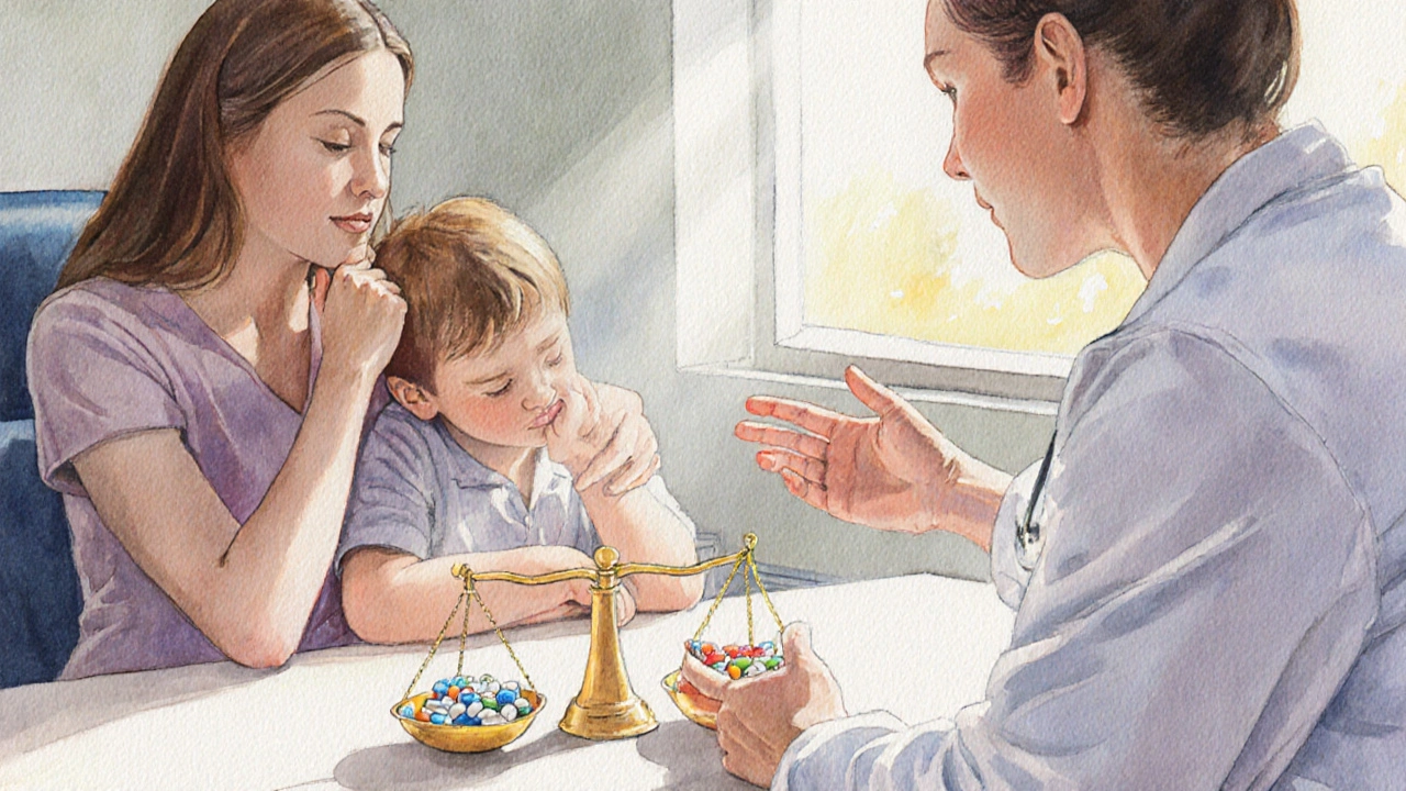Doctor consulting mother and child, a scale balancing Vermox against other medicines.