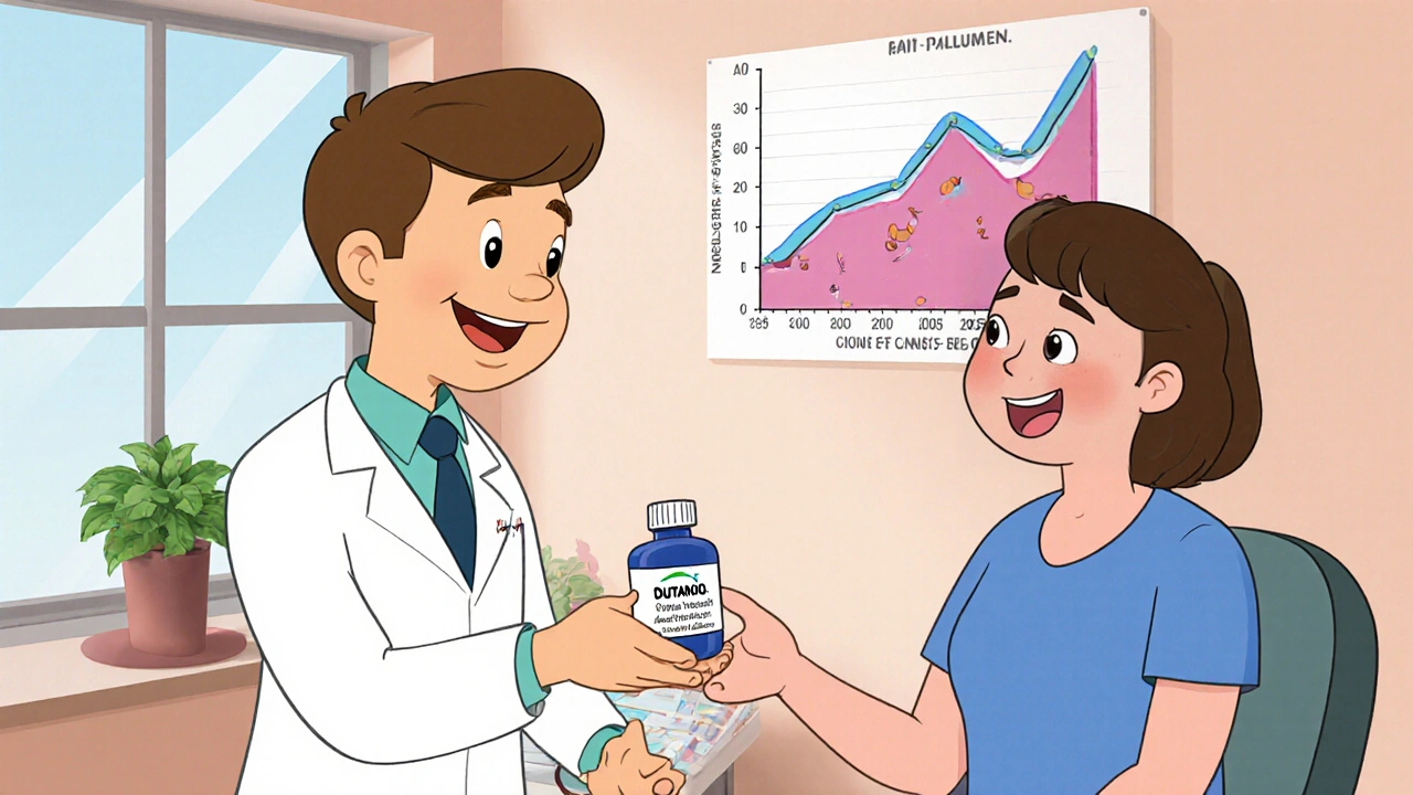 Doctor gives a Dutanol bottle to patient in a bright, friendly clinic setting.