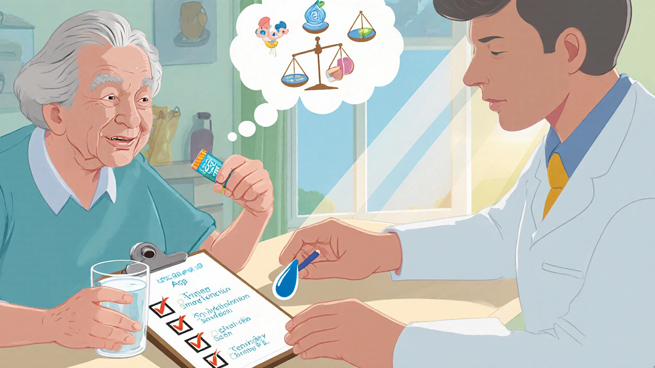Elderly patient and doctor review a checklist at a kitchen table with water and gum.
