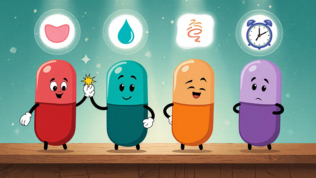 Four friendly pill characters on a pharmacy shelf with floating side‑effect icons.