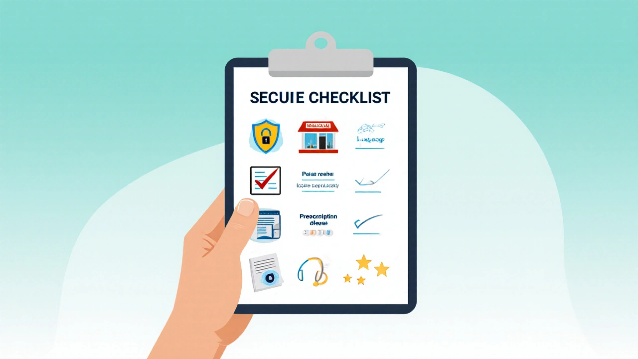 Hand holding a checklist with icons for secure website, pharmacy license, prescription, and rating.