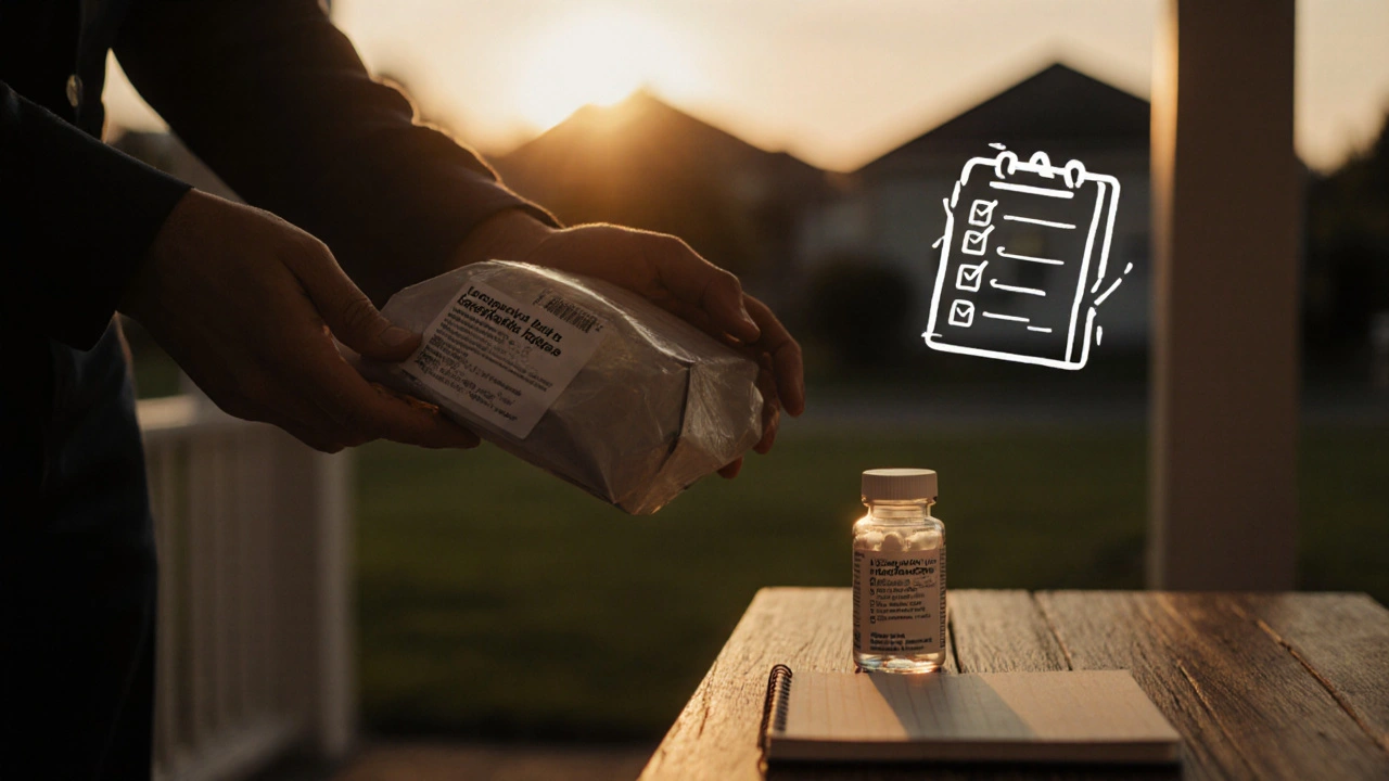 Hand receiving parcel with sealed levofloxacin bottle on a porch at dusk.
