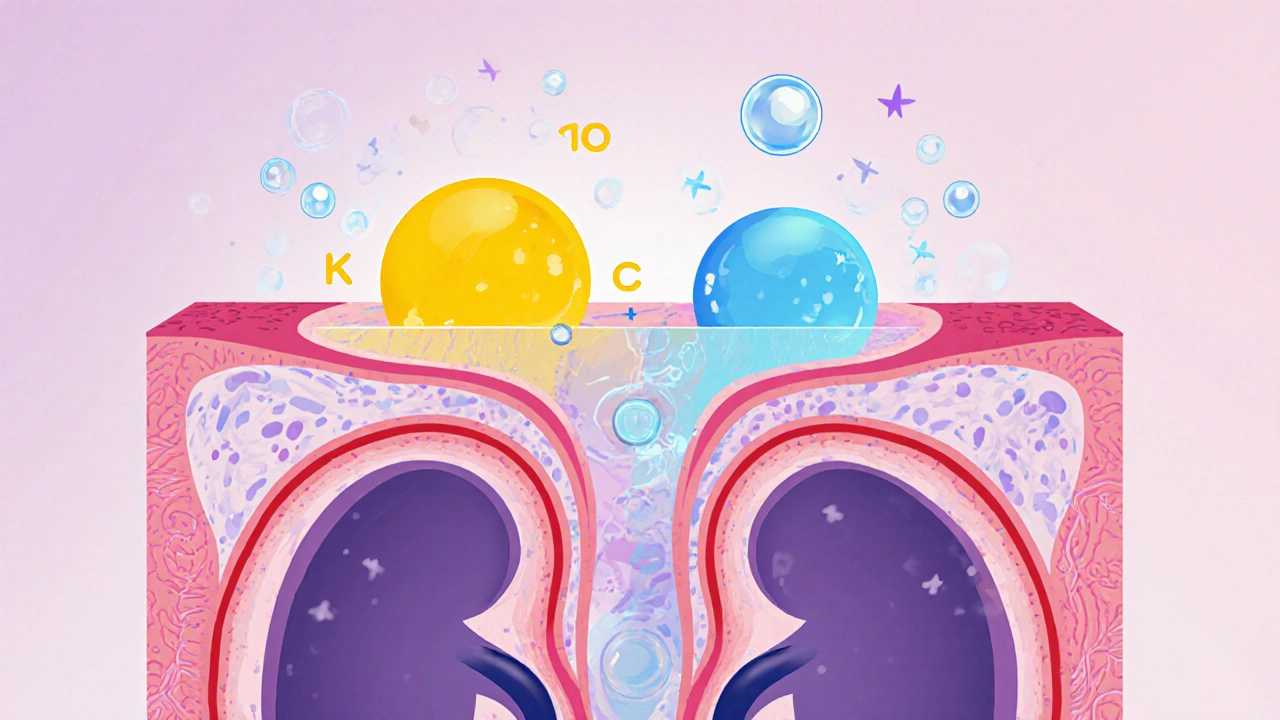 Illustration of potassium ions entering cells, water moving out, and kidneys filtering fluid.