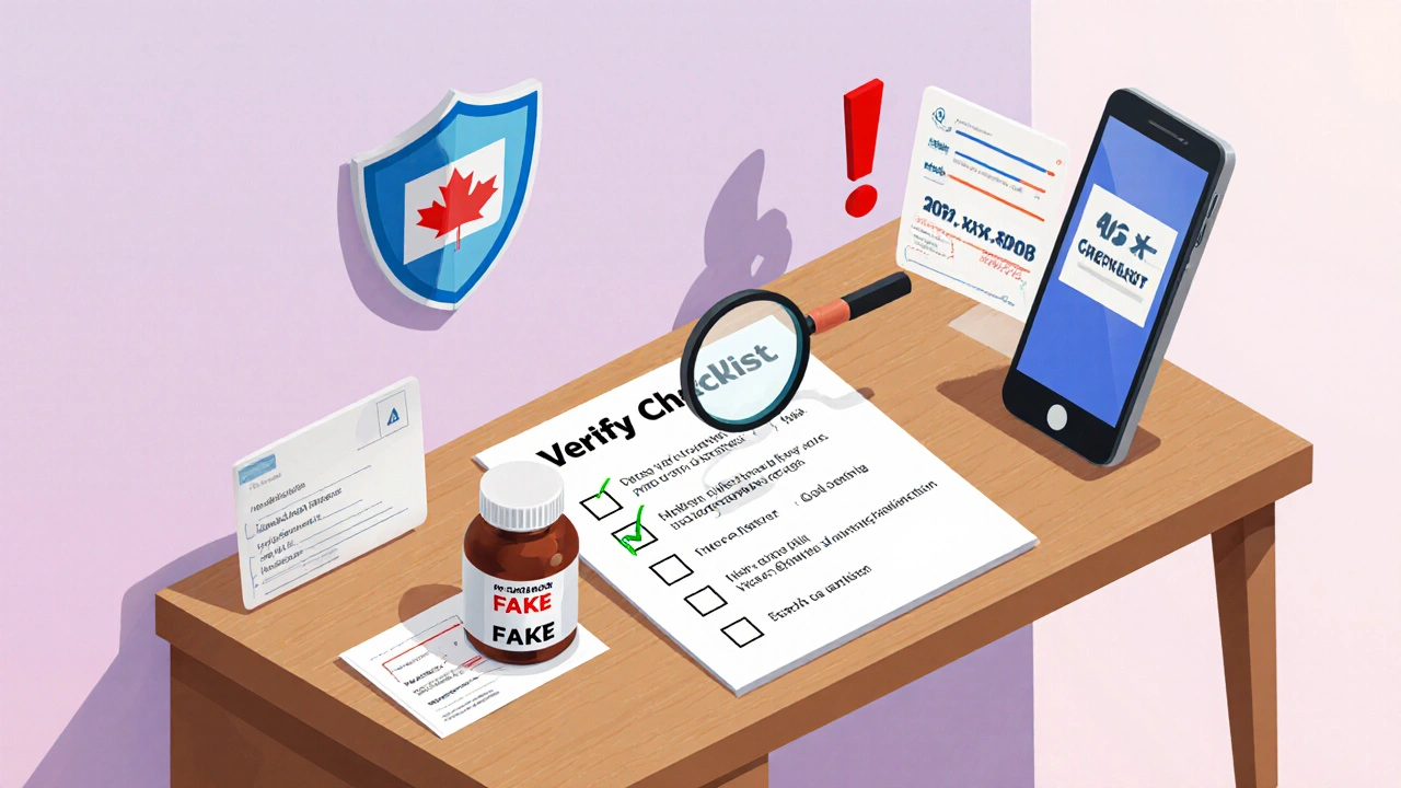 Isometric desk scene with checklist, magnifying glass over fake pill, highlighting safety steps.