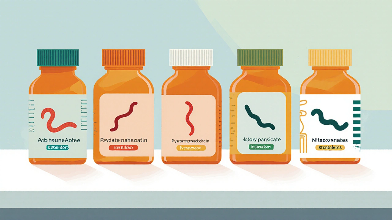 Lab counter with five pill bottles next to silhouettes of various parasites.