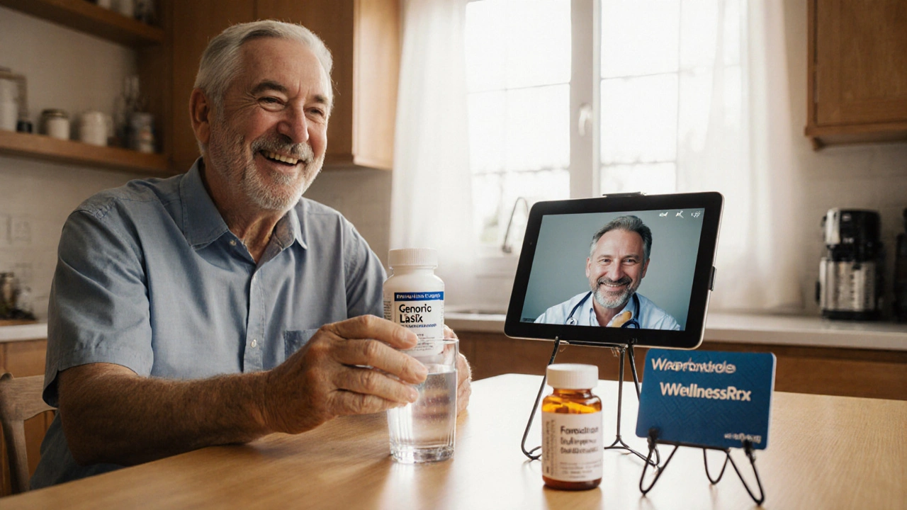 Man holding generic Lasix bottle and water, with telehealth video call in background.