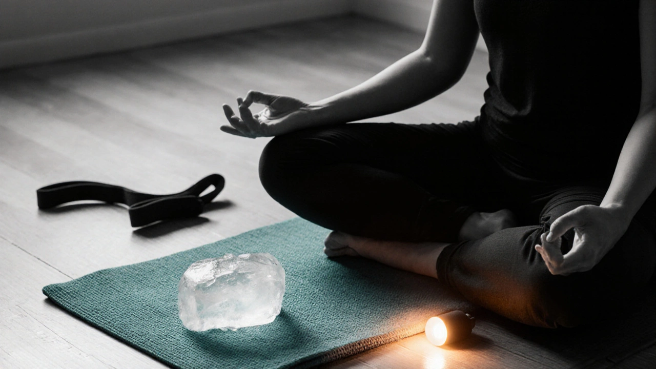 Meditating person with ice pack and yoga strap, teal and amber accents, in a calm room.