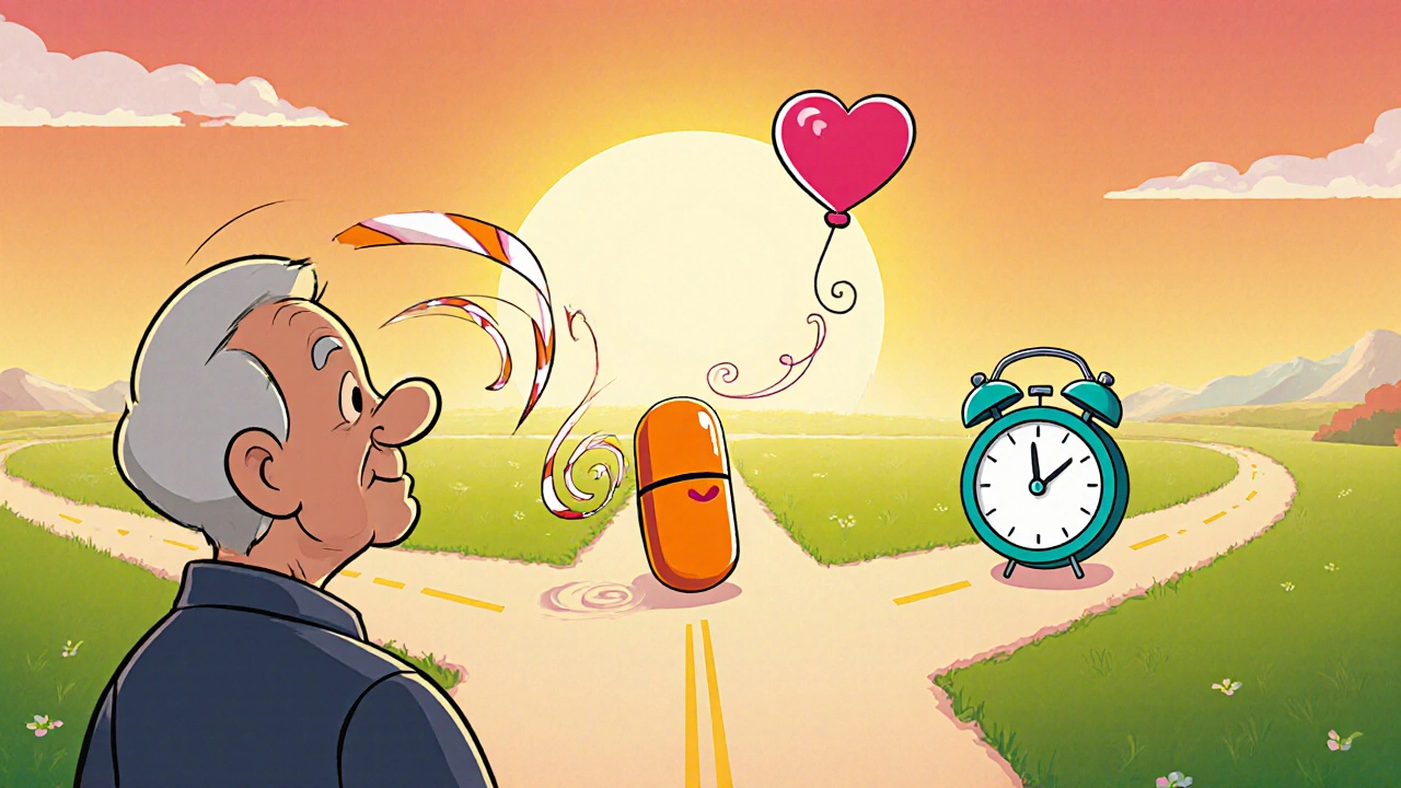 Older man stands at a crossroads with three paths leading to different pill characters.