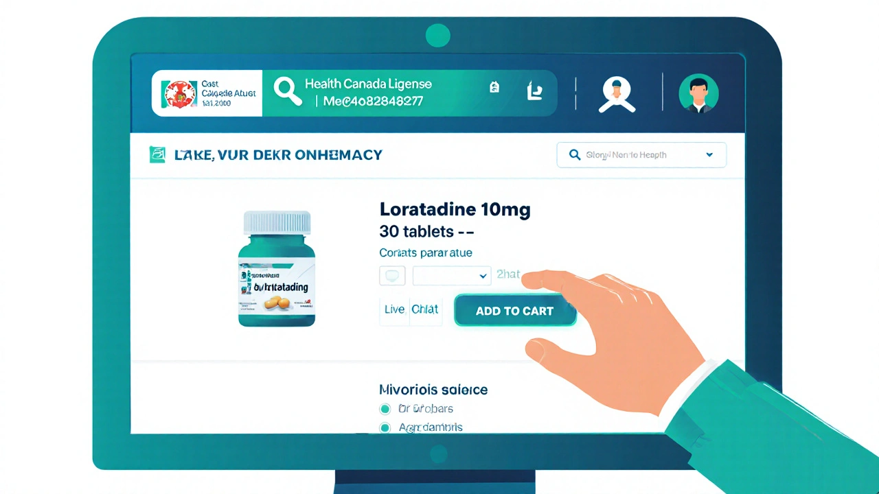 Online pharmacy webpage highlighting Health Canada licence and generic loratadine details.