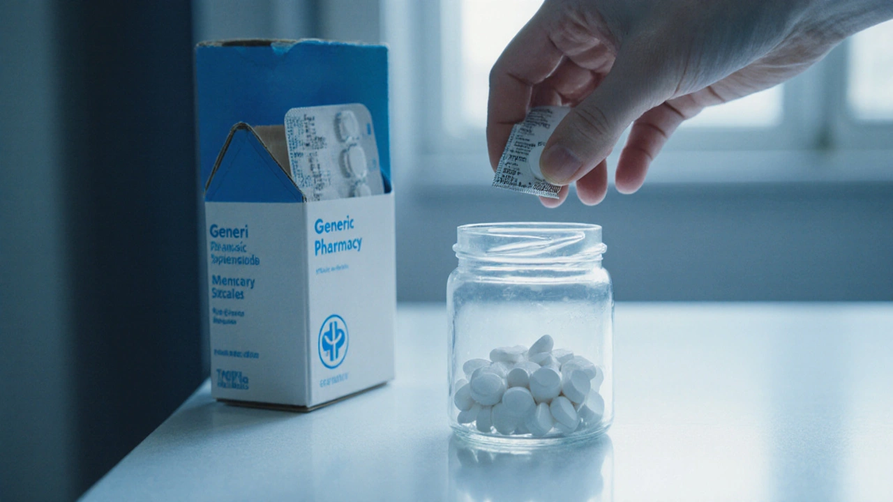 Opened box of white Singulair tablets being stored in a jar on a kitchen counter.
