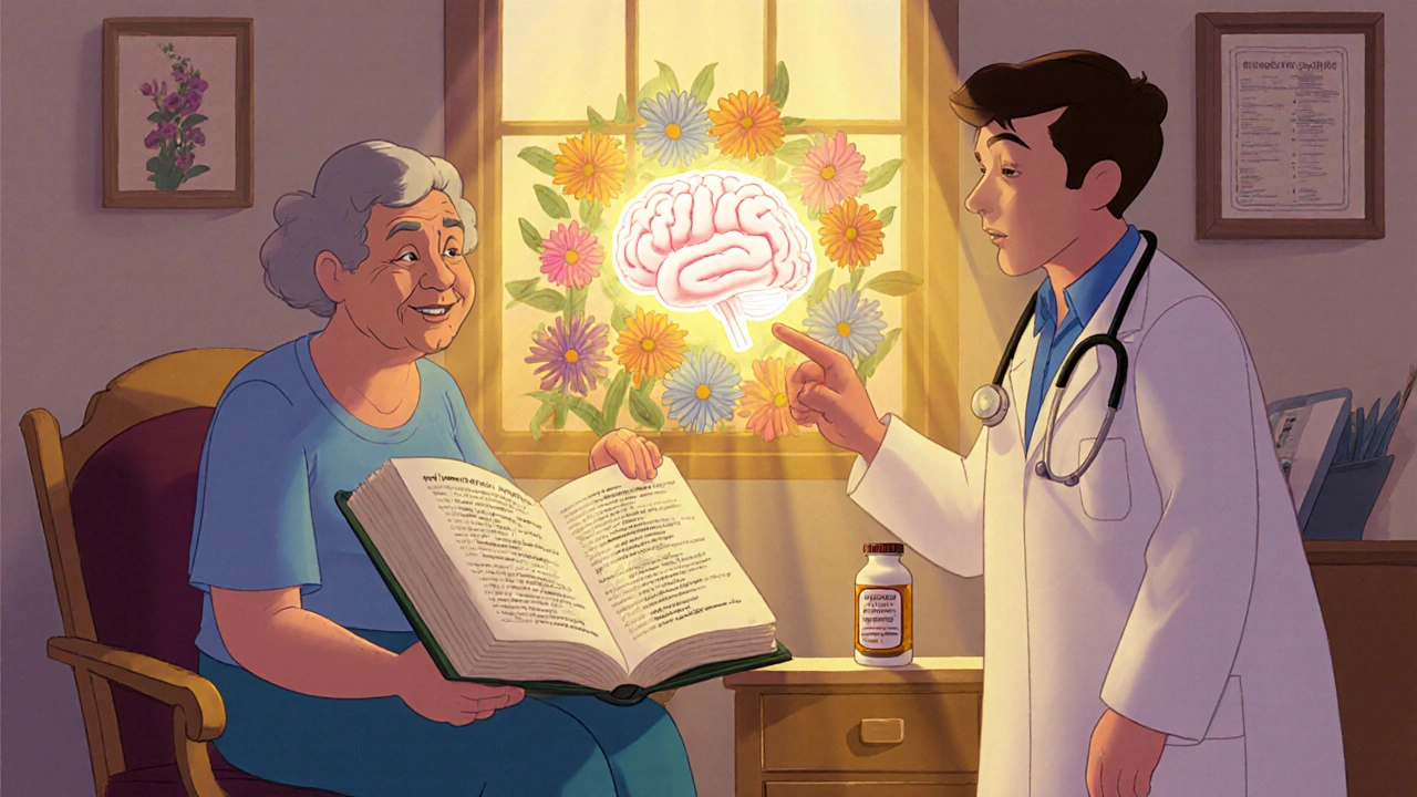 Patient and doctor smiling as they replace anticholinergic pills with a bright, healthy brain surrounded by flowers.
