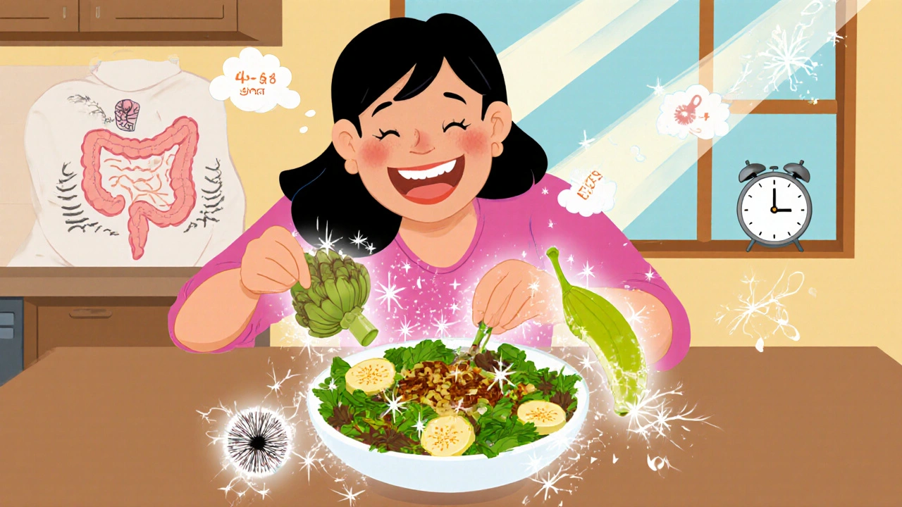 Person eating prebiotic foods as friendly gut bacteria calm stress and fat.