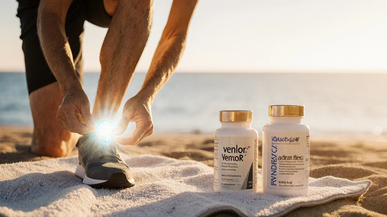 Person stretching on a beach with glowing knee joint, two supplement bottles nearby on a towel.