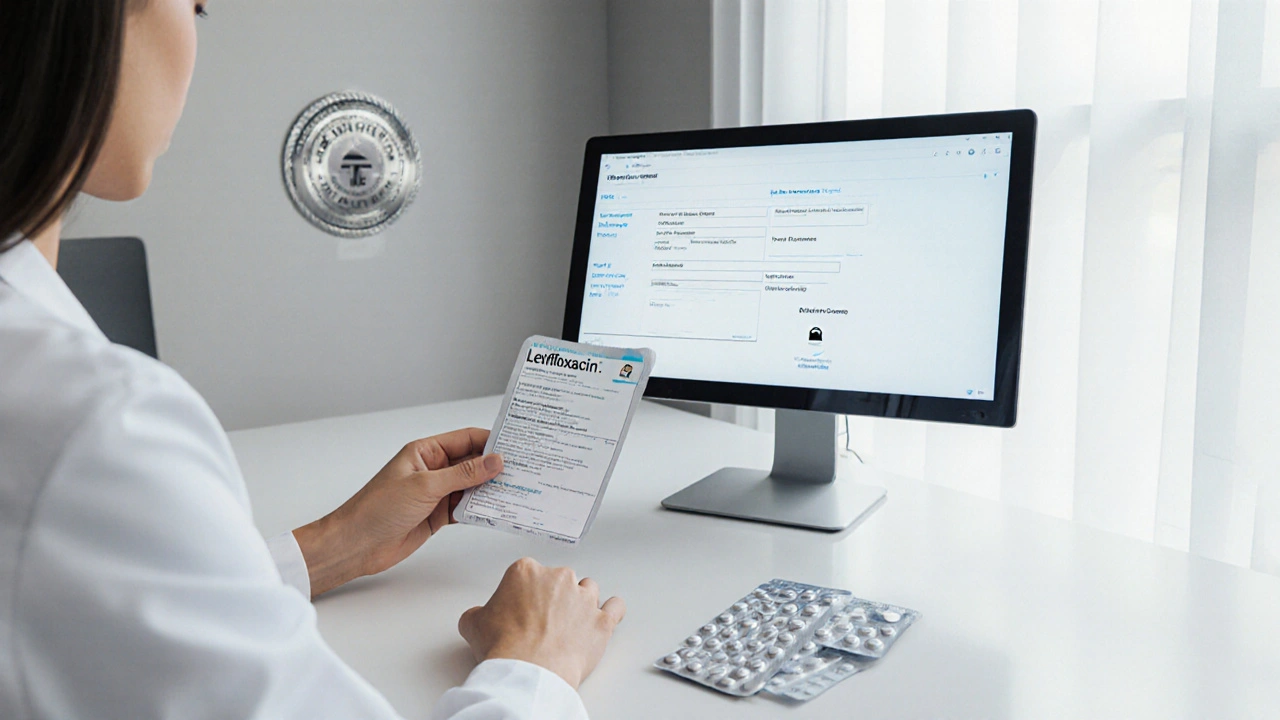 Pharmacist reviewing a prescription on a secure screen next to pill bottle.