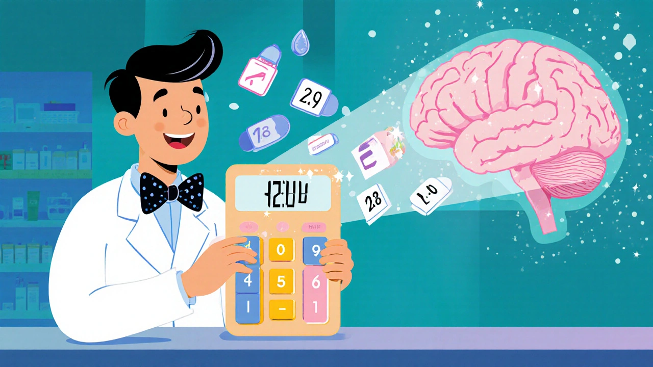 Pharmacist using a magical scale to weigh different medicines, with a shrinking hippocampus illustration behind them.