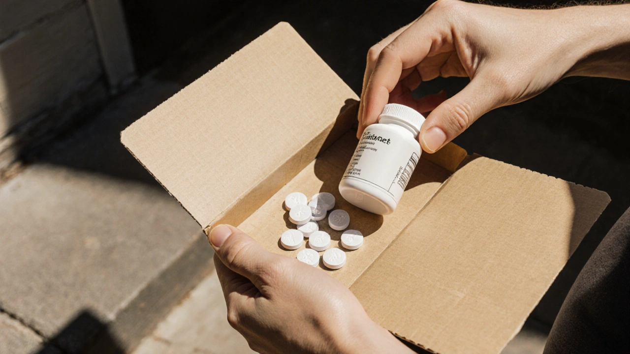Plain parcel opened to reveal a white bottle of generic pills.