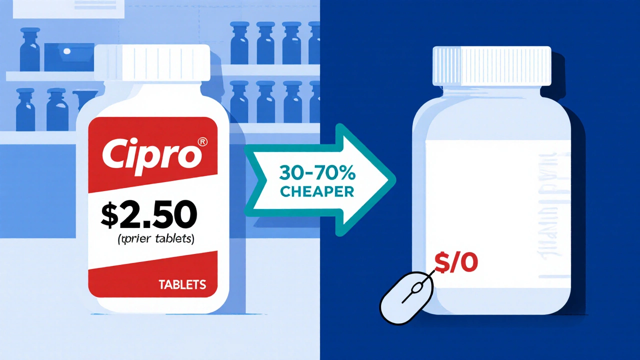 Side‑by‑side illustration comparing brand Cipro price with cheaper generic version.
