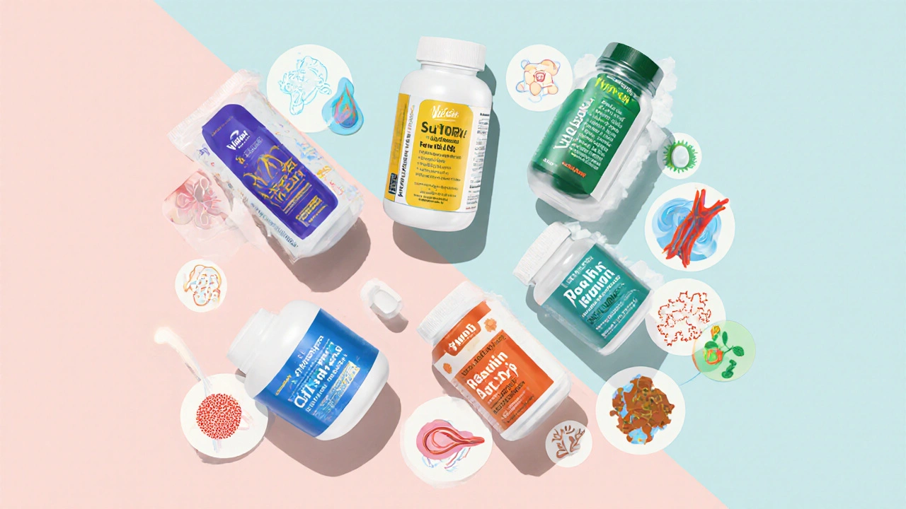 Six supplement bottles arranged with icons representing their key joint ingredients, viewed from above.