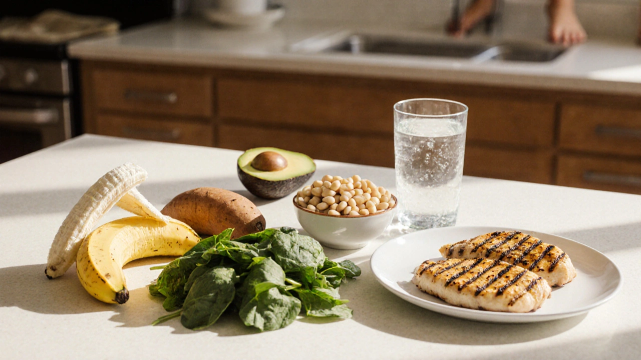 Sunny kitchen scene with banana, sweet potato, beans, spinach, avocado and low‑sodium meal.