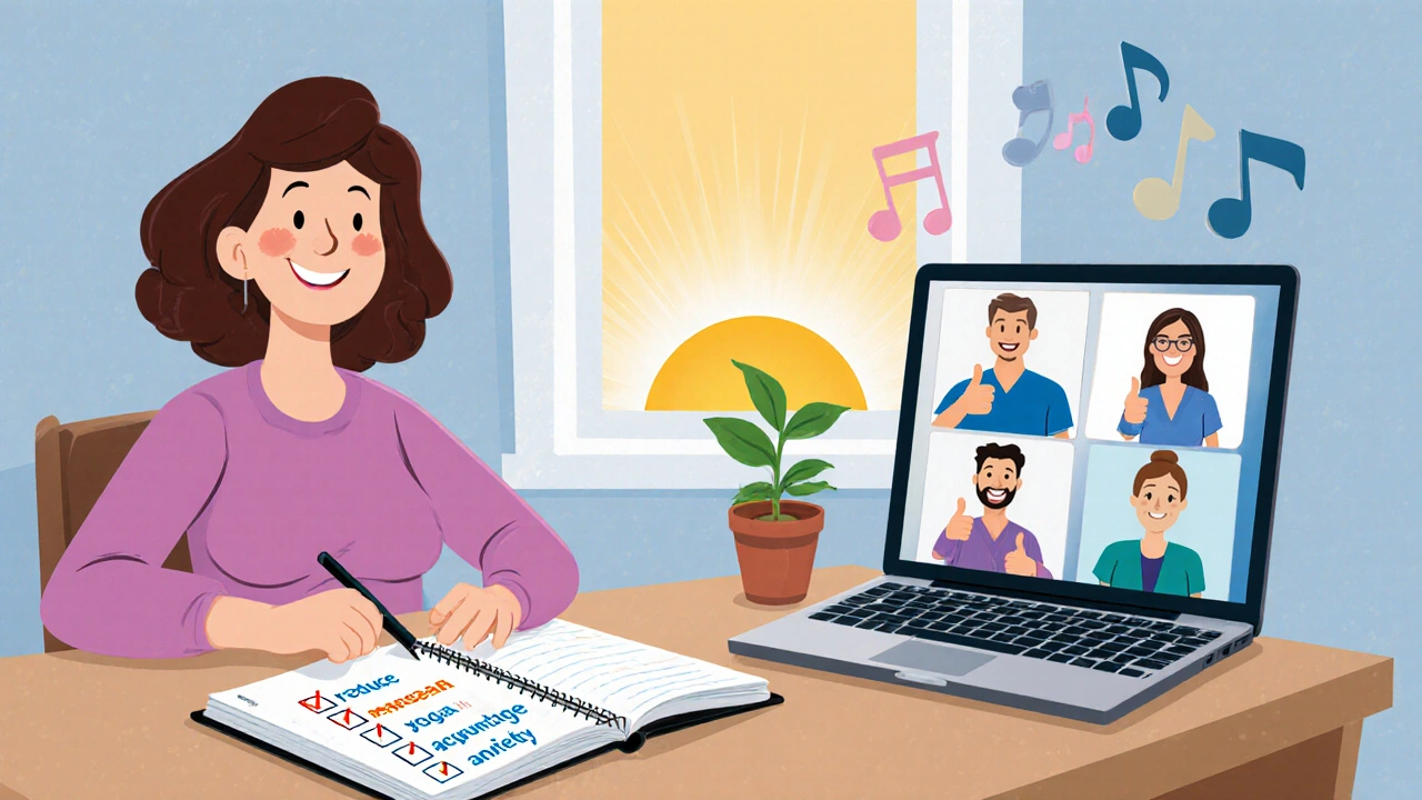 Survivor at home writing in diary, video call with supportive care team, sunrise light symbolizing hope.