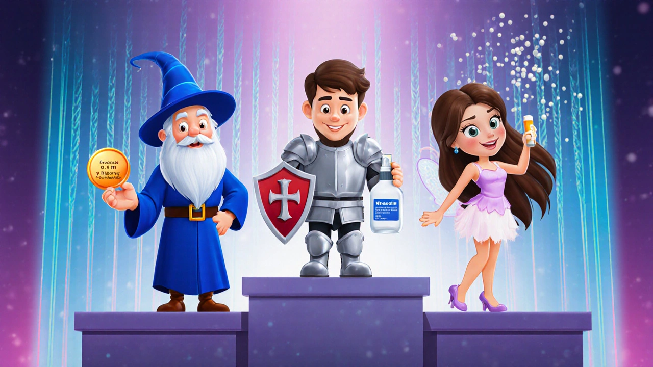Three cartoon characters—wizard, knight, fairy—represent Dutasteride, Finasteride, Minoxidil with growing hair strands.