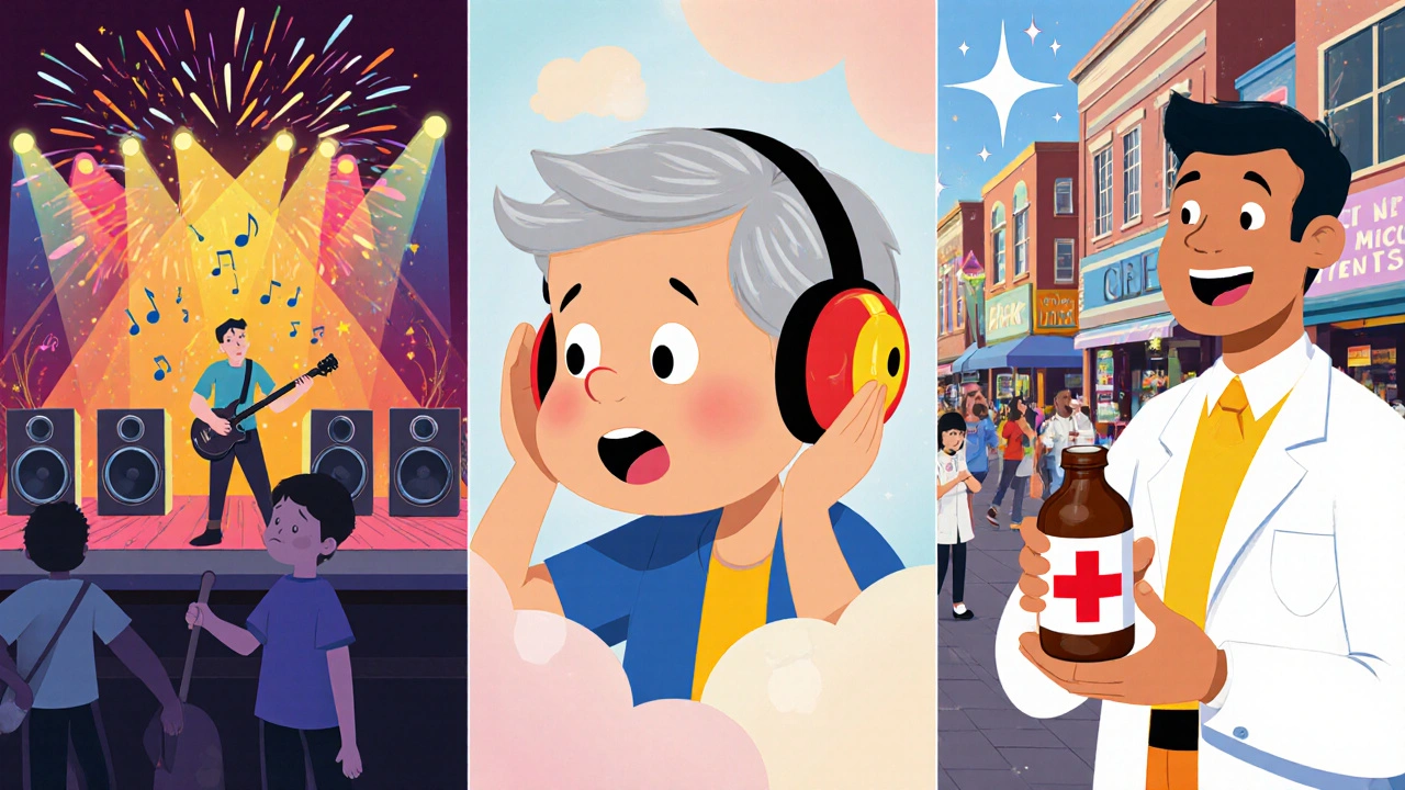 Three cartoon scenes: loud concert, elderly person, pharmacist with medication, illustrating risk factors.