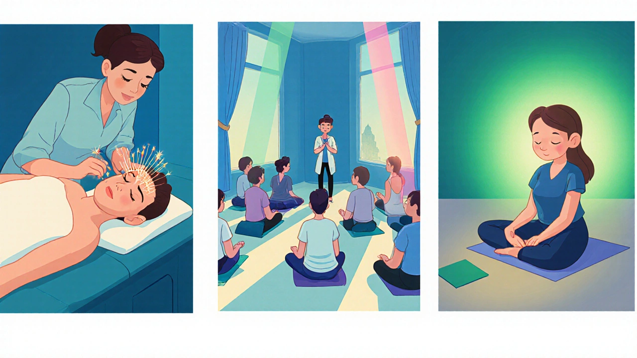 Three clinic scenes: acupuncturist treating patient, group meditation, gentle yoga pose, all in soothing Disney style.