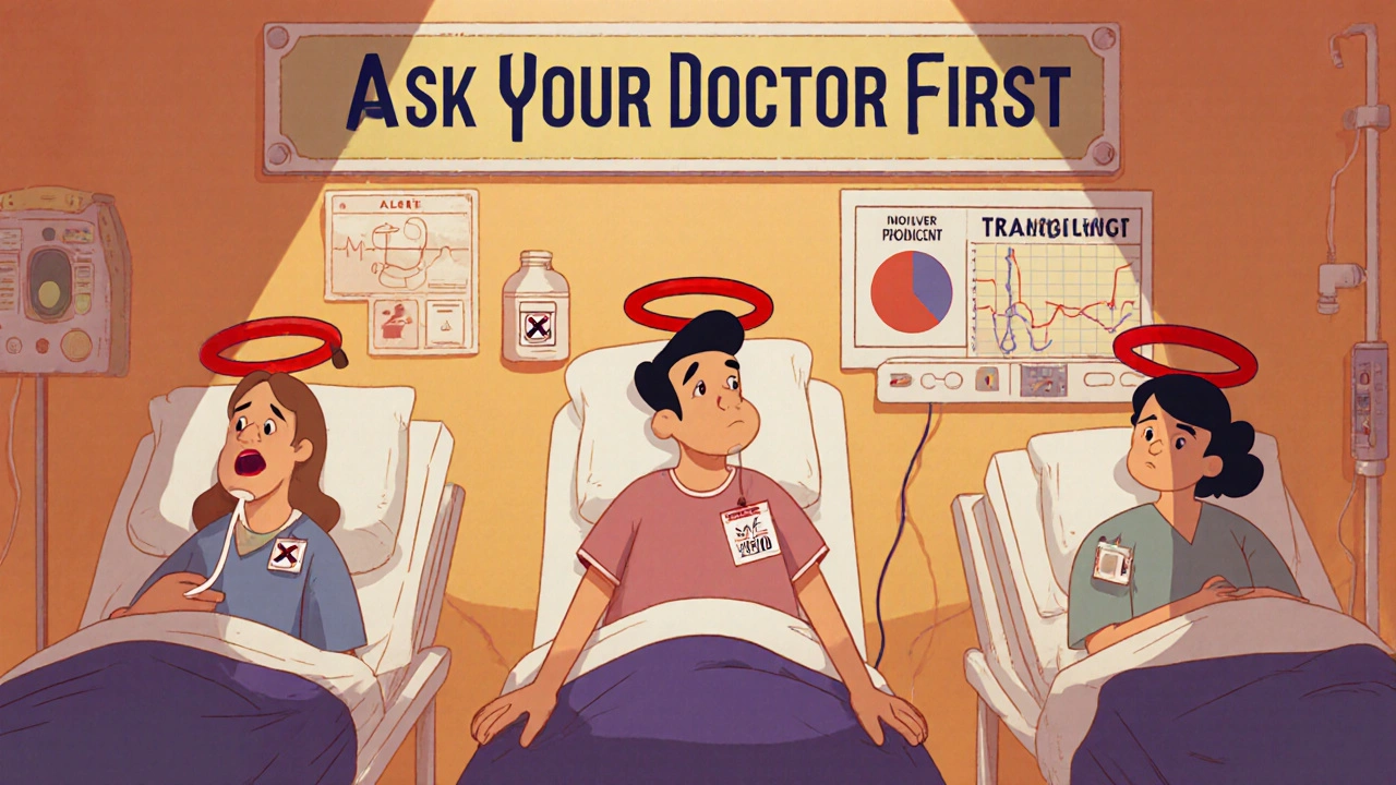 Three immunosuppressed patients in a hospital room with warnings about probiotics, shown in Disney cartoon style.