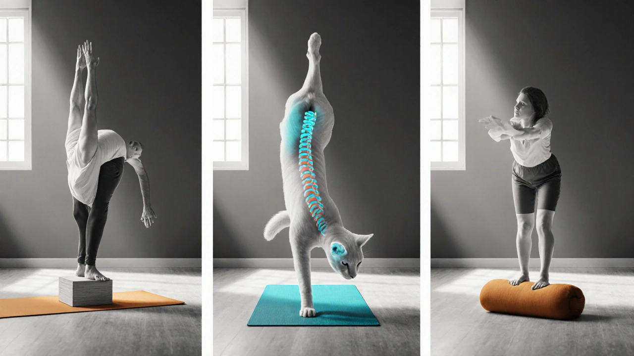 Three yoga poses (Supported Bridge, Cat‑Cow, Child’s Pose) shown with amber and cyan highlights.