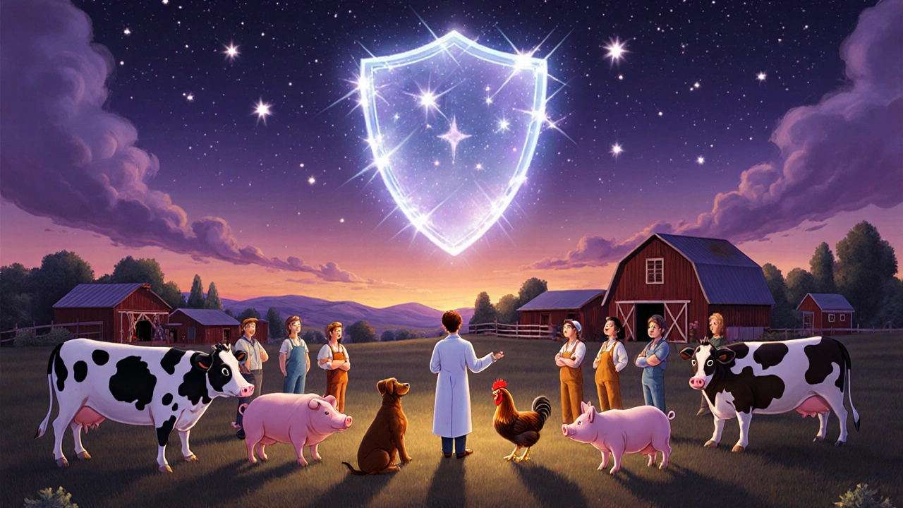 Vet and farm workers stand with healthy livestock under a glowing shield of stewardship.