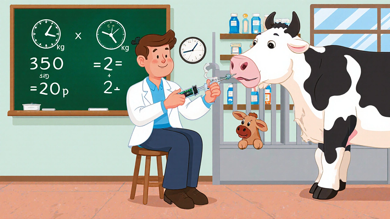 Vet measures a large dose for a big cow with a cartoon syringe, surrounded by animal patients.
