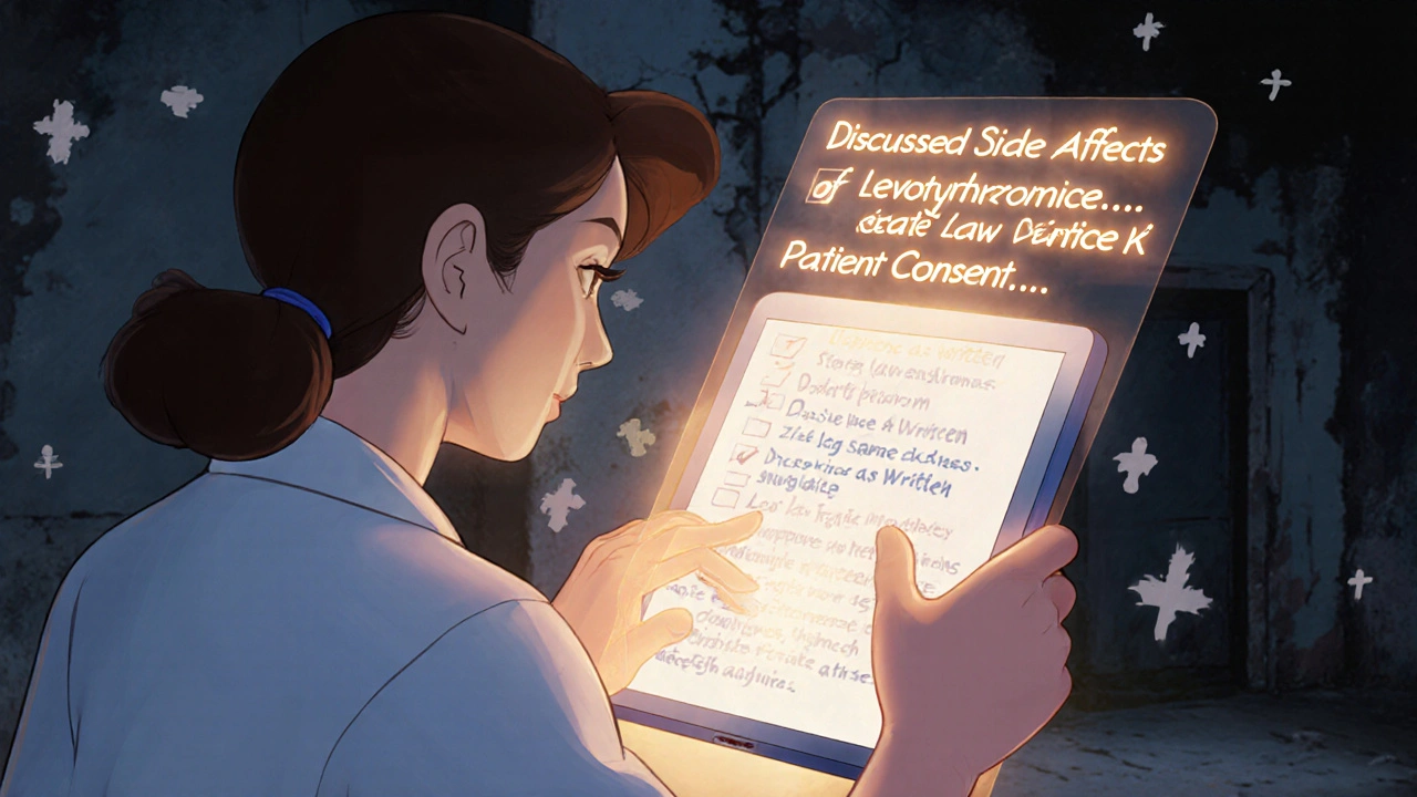 A doctor documenting generic drug risks on a tablet, with glowing legal safeguards floating nearby like protective runes.
