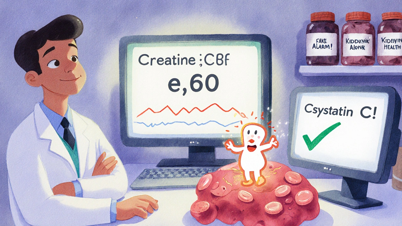 A doctor puzzled by a dropping eGFR reading as a playful creatinine sprite dances on blood cells nearby.