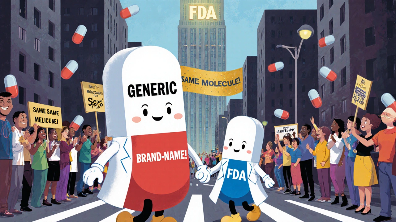 A generic pill and brand-name pill walk together through a cheerful city, surrounded by cheering people holding signs.