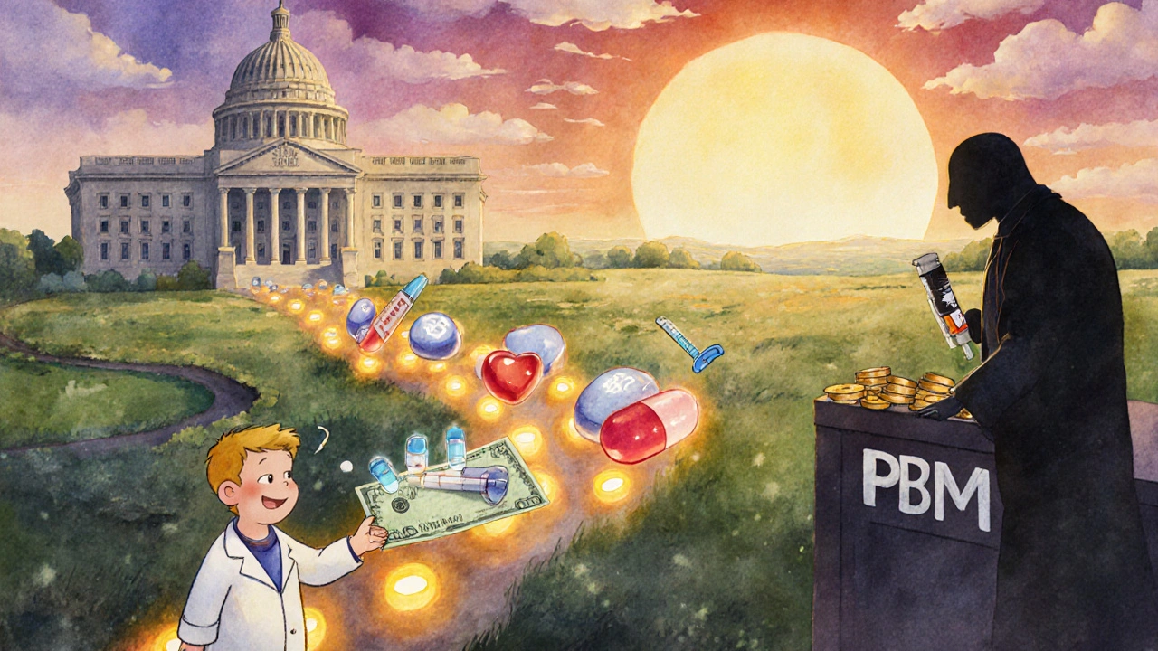 A glowing pipeline of pills transforming into medicine for patients, with a child paying just .97 at a pharmacy.