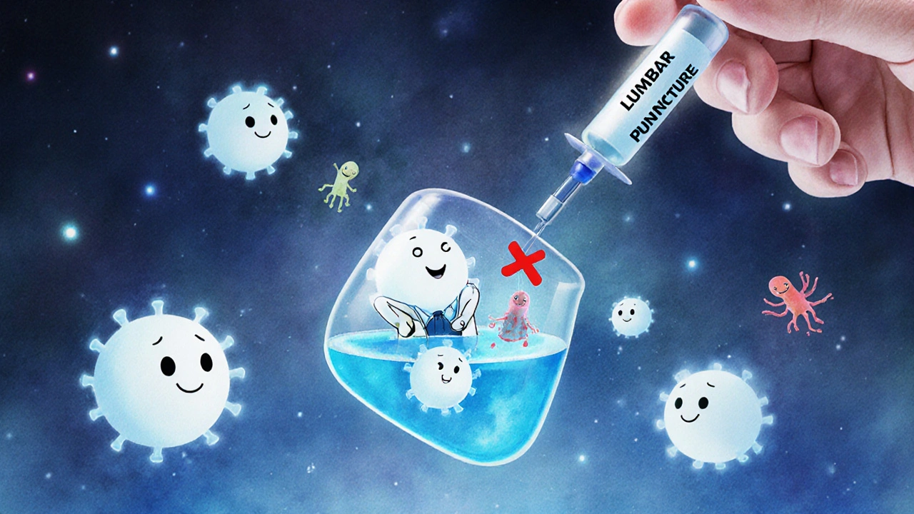A glowing spinal fluid sample with white blood cells and a cross over bacteria, illustrated in whimsical Disney style.