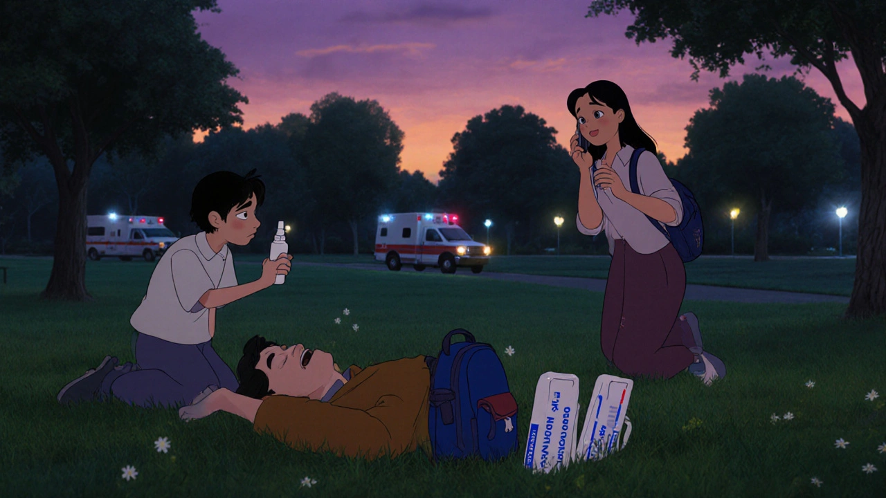 A group supports a recovering person in a park, with naloxone kits nearby and ambulance lights in distance.